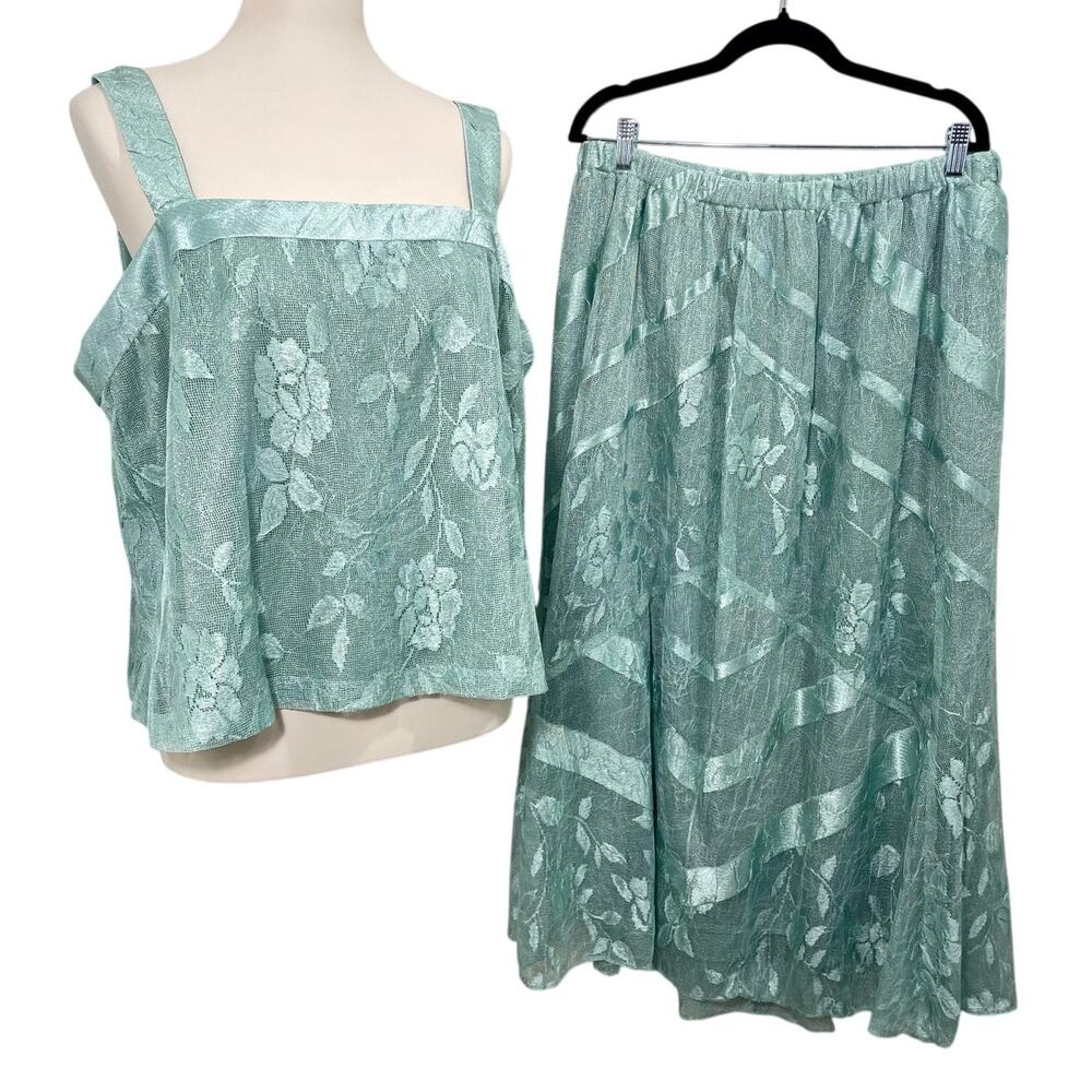 Vintage 90s T. Carolyn Midi Skirt Set Crinkled Floral Burnout Pattern Size 3X